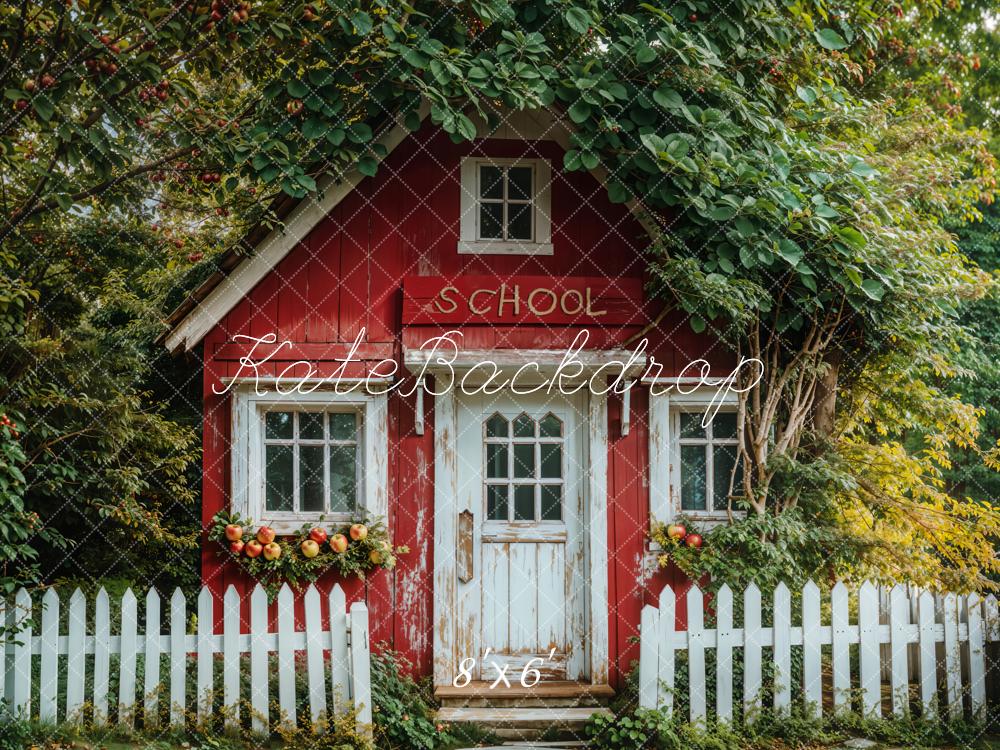 Kate Back to School Red Cottage Apple Trees Fleece Backdrop Designed by Emetselch - Kate Backdrop AU