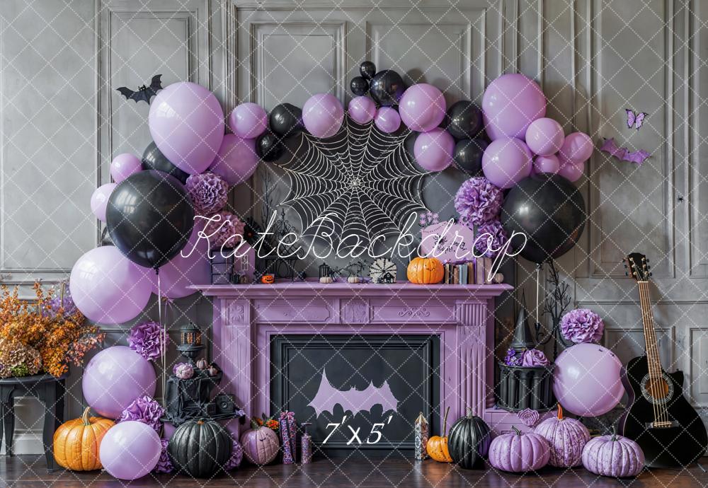 Kate Halloween Purple Black Balloons Backdrop Pumpkins Spider Web Designed by Emetselch