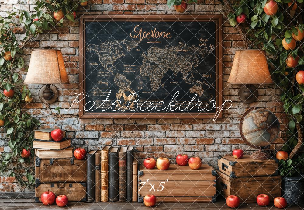 Kate Vintage Brick Wall World Map Apples Backdrop Designed by Emetselch - Kate Backdrop AU