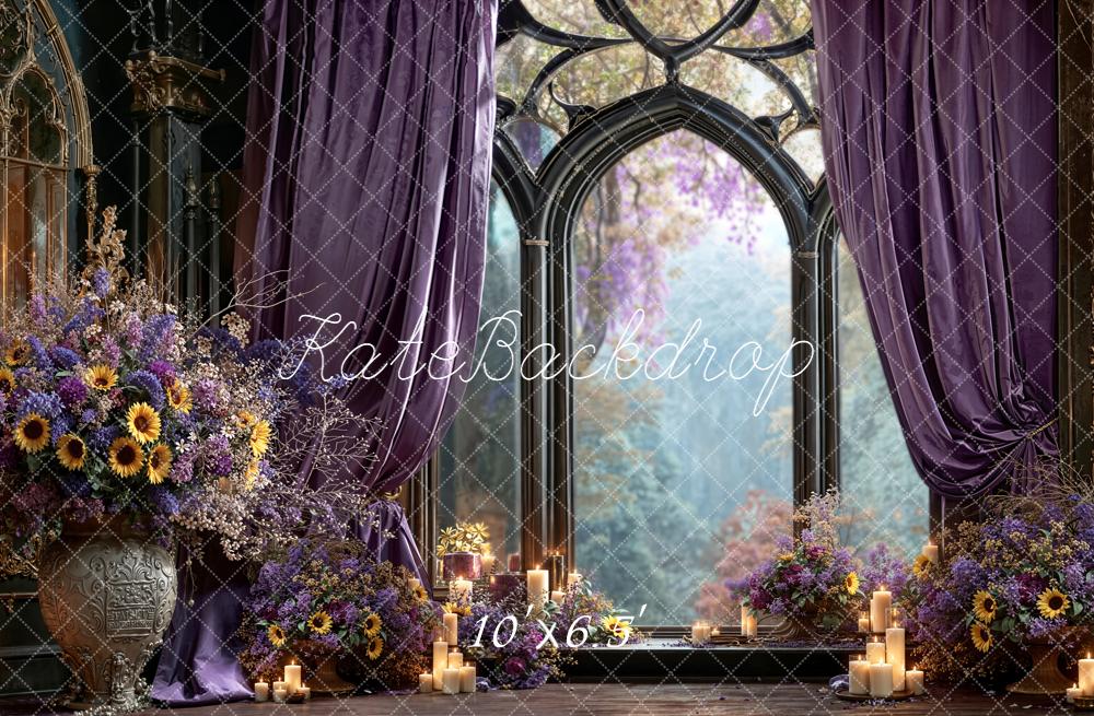 Kate Gothic Window Purple Flowers Candles Backdrop Designed by Emetselch