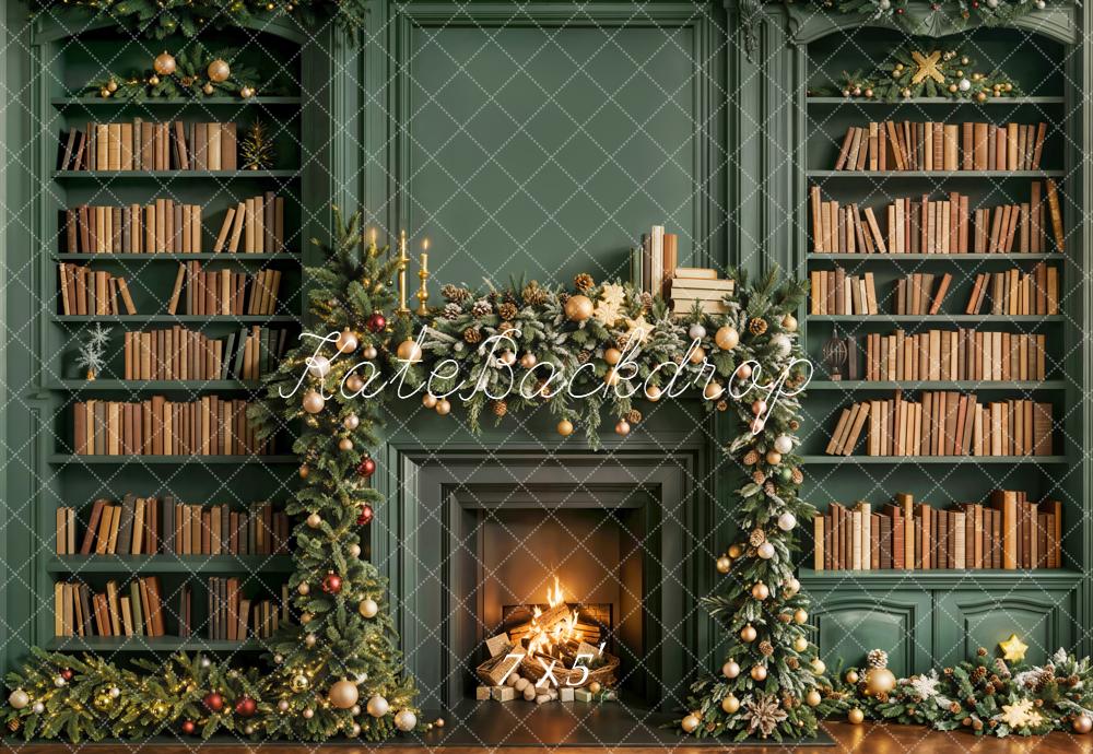 Kate Christmas Fireplace Bookshelves Green Backdrop Designed by Emetselch - Kate Backdrop AU