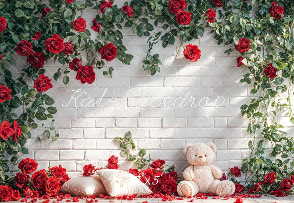 Kate Red Roses White Brick Wall Teddy Bear Backdrop Designed by Emetselch