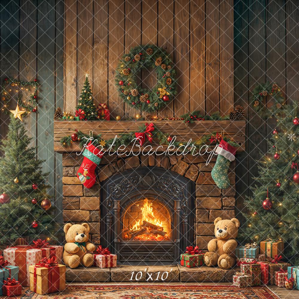 Kate Christmas Fireplace Trees Presents Backdrop Designed by Emetselch