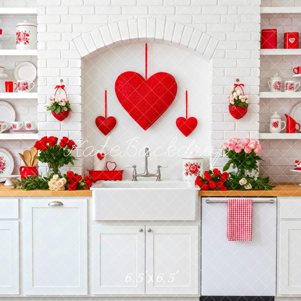 Kate Valentine Kitchen Red Hearts Backdrop Designed by Patty Roberts