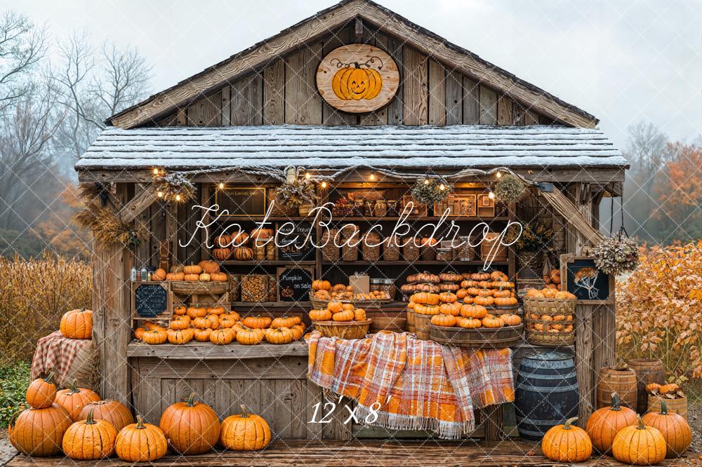 Kate Autumn Pumpkin Wooden Cabin Fleece Backdrop Designed by Emetselch