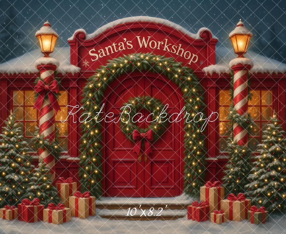 Kate Christmas Santa's Workshop Red Door Backdrop Designed by Ashley Paul