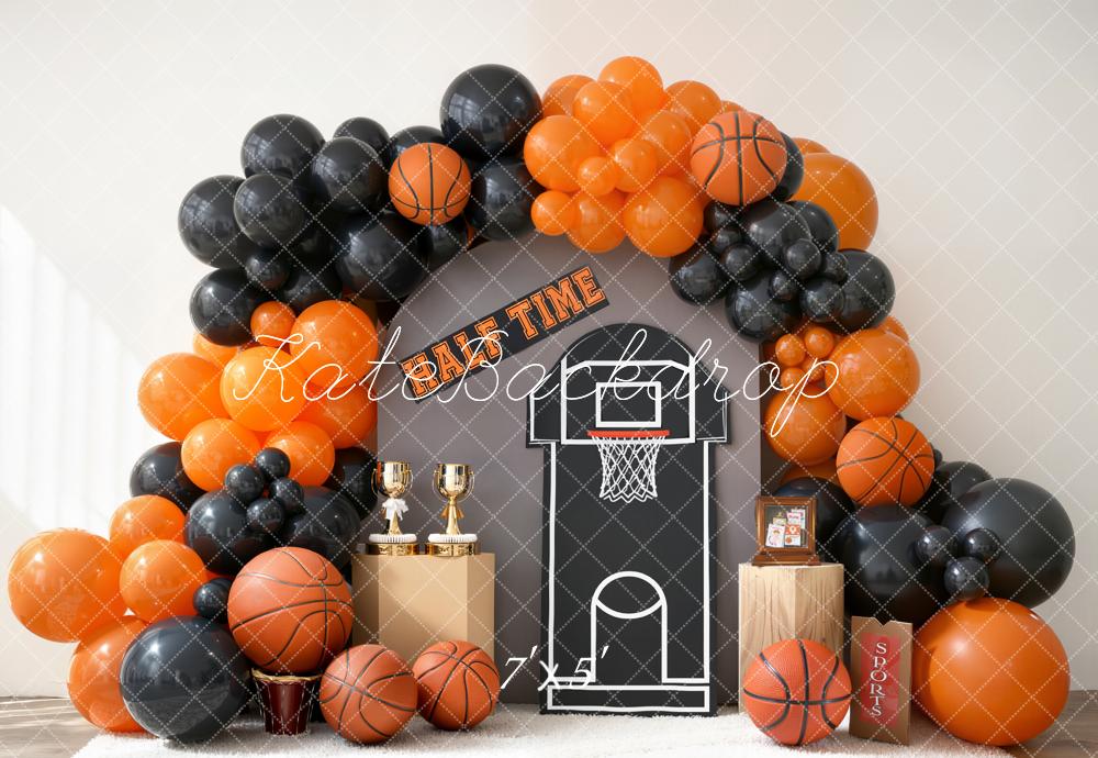 Kate Basketball Hoop Trophy Orange Black Balloons Backdrop Designed by Emetselch