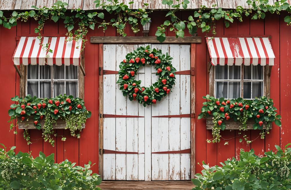 Kate Strawberry Wreath Barn Red Fleece Backdrop Designed by Emetselch