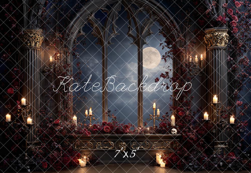 Kate Gothic Arched Windows Candlelight Roses Backdrop Designed by Ashley Paul