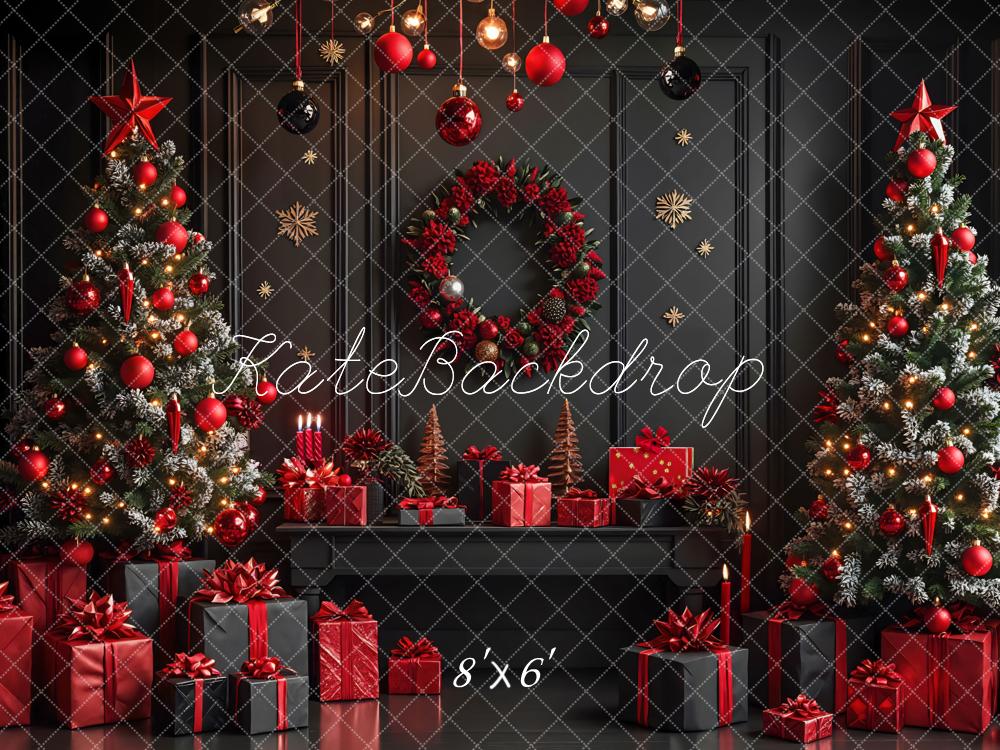 Kate Christmas Trees Wreath Presents Black Wall Backdrop Designed by Mini MakeBelieve