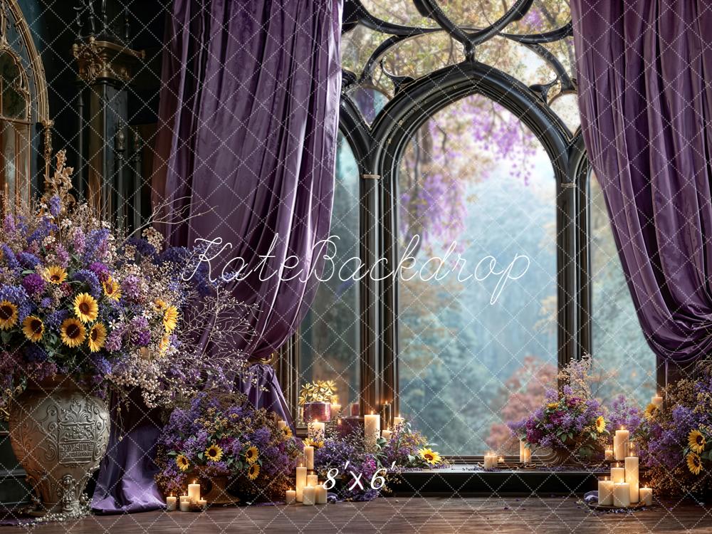 Kate Gothic Window Purple Flowers Candles Backdrop Designed by Emetselch