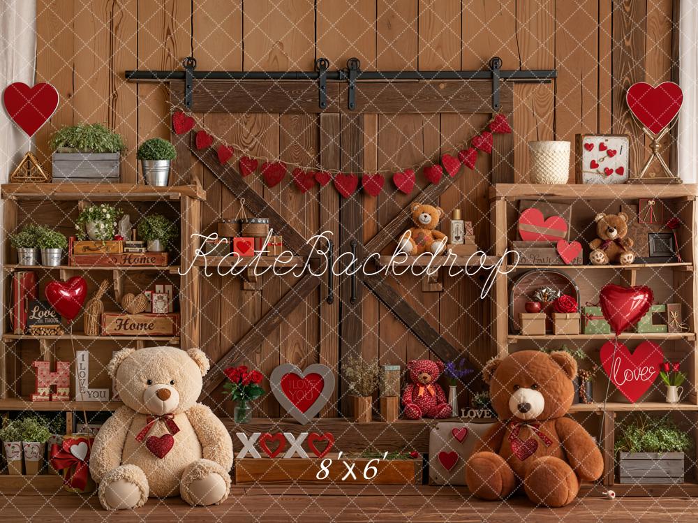 Kate Valentine Teddy Bears Wooden Shelves Hearts Fleece Backdrop Designed by Emetselch