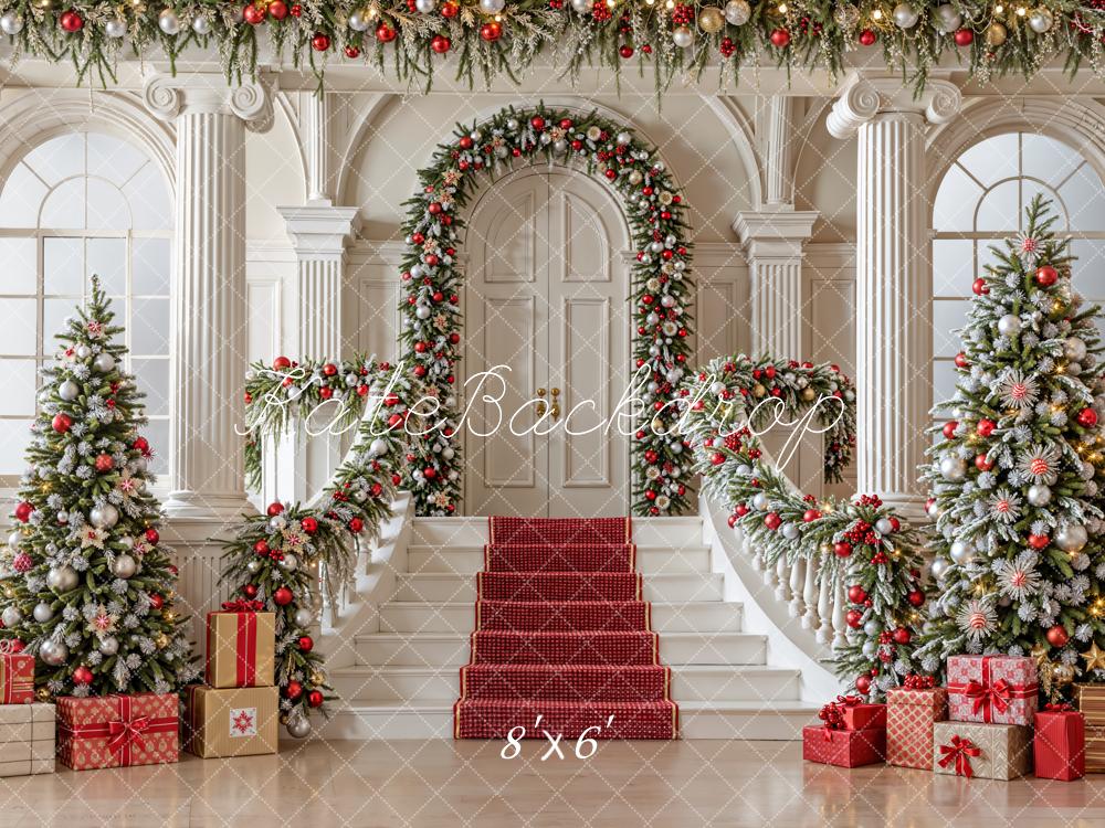 Kate Christmas Cascading Stairs Trees Fleece Backdrop Designed by Emetselch