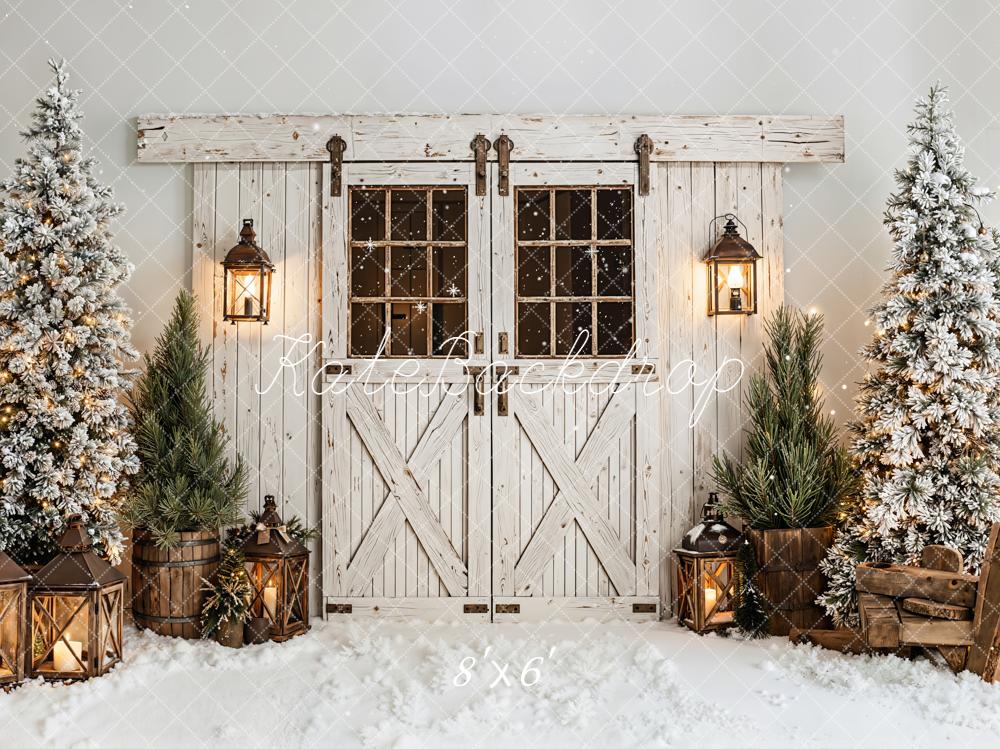 Kate Winter Barn Door Snow Trees Fleece Backdrop Designed by Emetselch