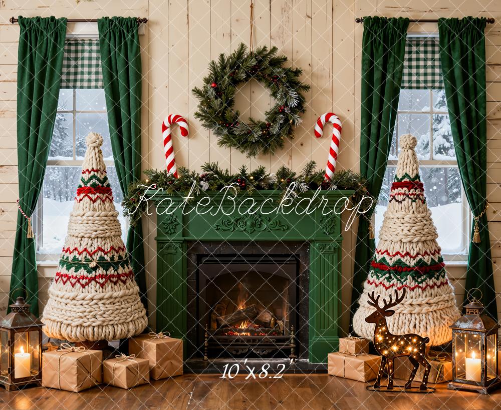 Kate Christmas Fireplace Knitted Trees Wreath Backdrop Designed by Emetselch