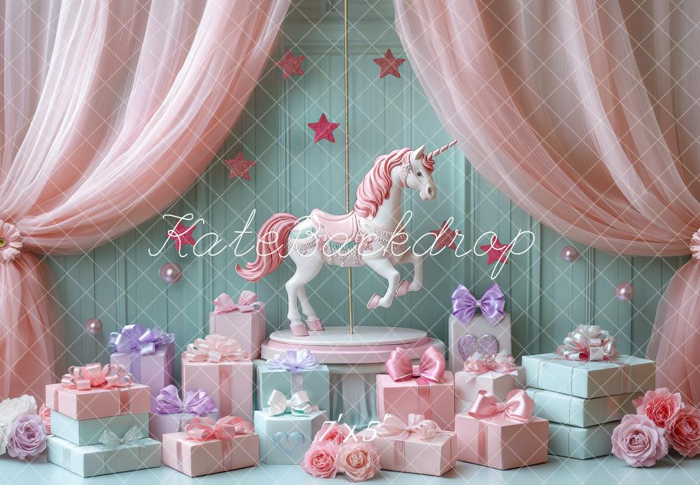 Kate Unicorn Carousel Pink Curtains Gift Boxes Backdrop Designed by Mini MakeBelieve - Kate Backdrop AU