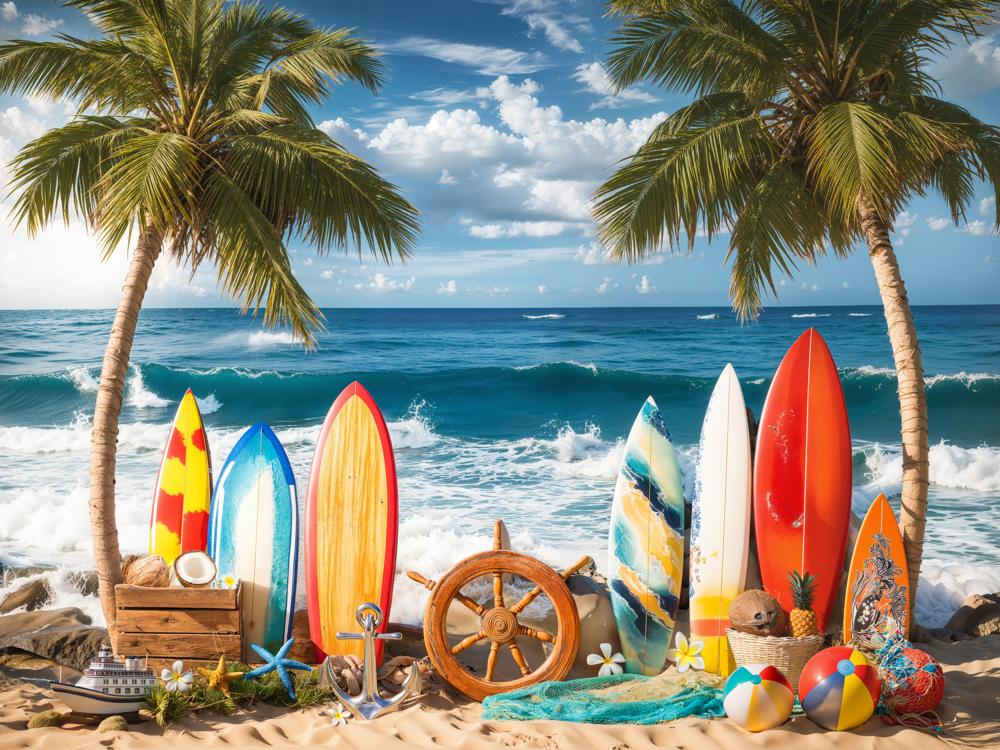 Kate Summer Beach Surfboards Palm Trees Backdrop Designed by Emetselch