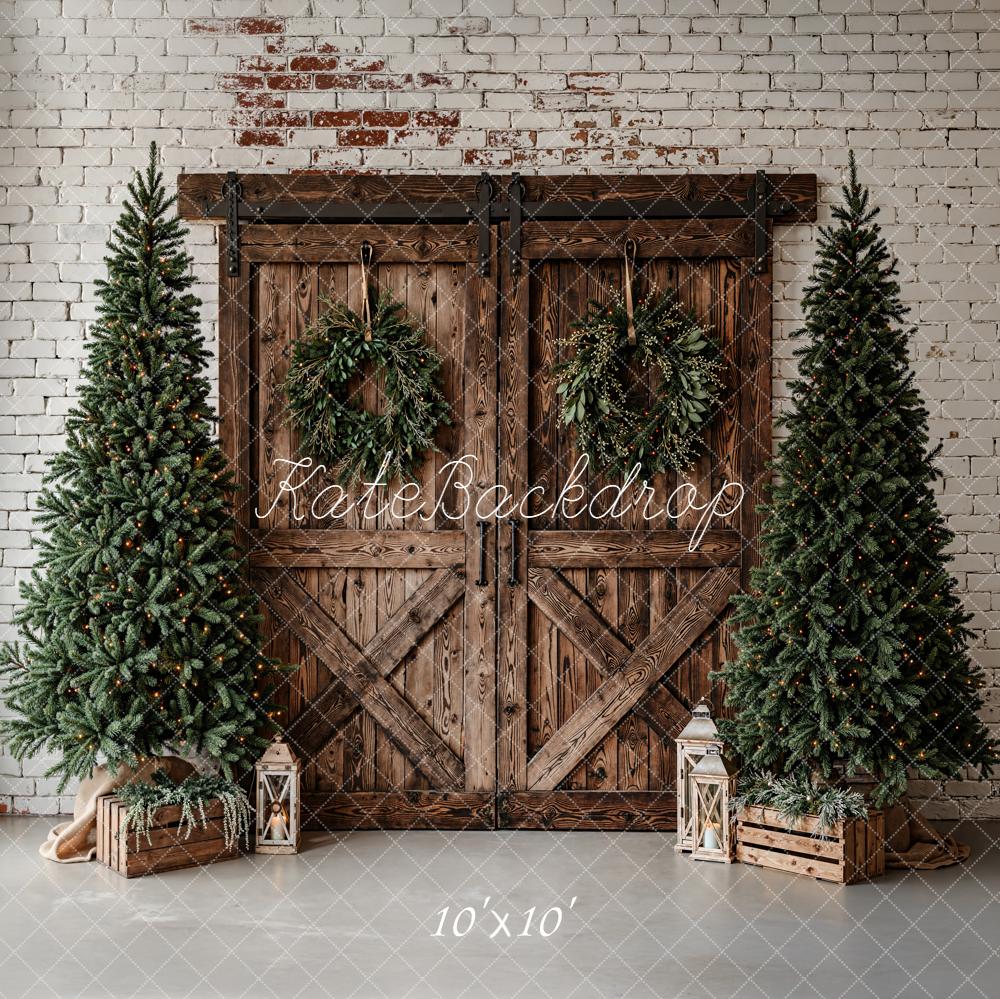 Kate Christmas Pine Trees Barn Doors Backdrop Designed by Emetselch