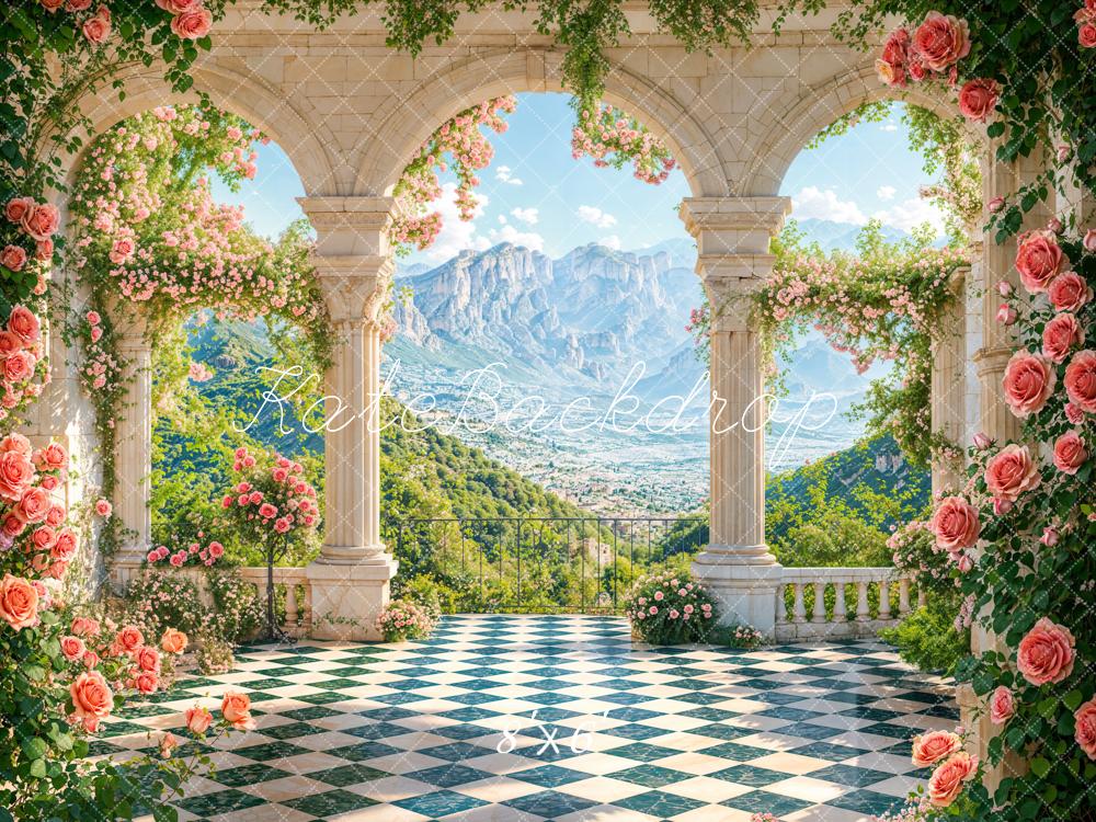 Kate Floral Arch Columns Mountain View Fleece Backdrop Designed by Emetselch - Kate Backdrop AU