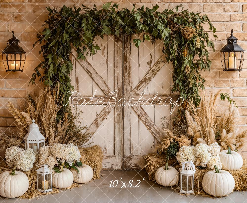 Kate Fall Barn Door Pumpkins Fleece Backdrop Designed by Emetselch