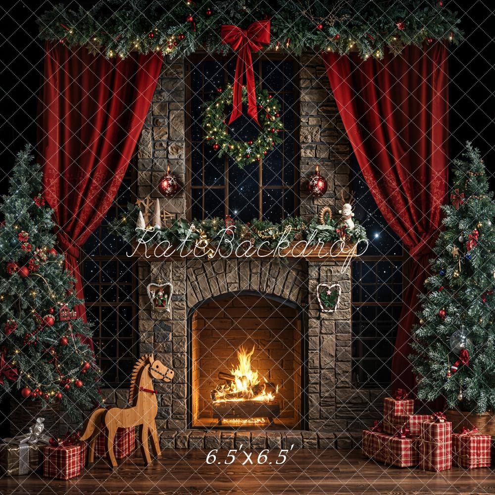 Kate Christmas Fireplace Trees Backdrop Gifts Red Curtains Designed by Emetselch - Kate Backdrop AU