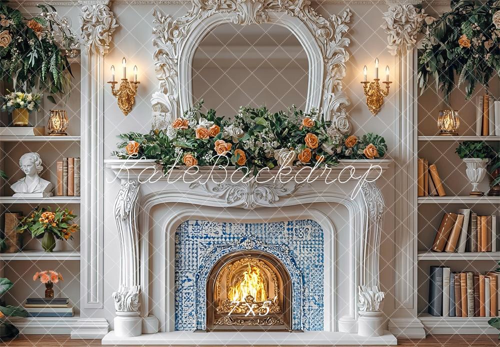 Kate Elegant Fireplace Spring Bookshelves Backdrop Designed by Mini MakeBelieve - Kate Backdrop AU
