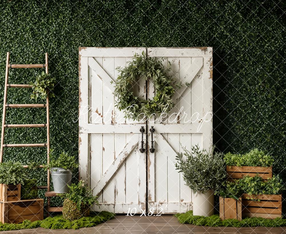Kate Greenery White Barn Door Ladder Crates Fleece Backdrop Designed by Emetselch