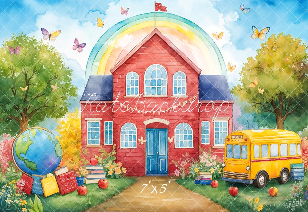 Kate Red Schoolhouse Rainbow Bus Backdrop Designed by Emetselch - Kate Backdrop AU