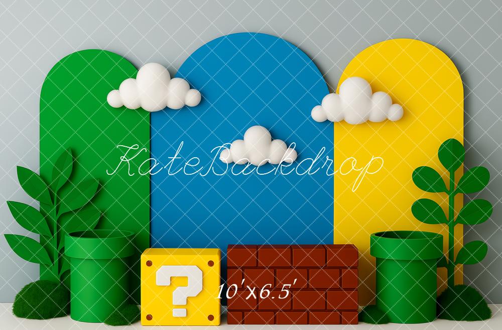 Kate Cartoon Game Pipes Clouds Blocks Backdrop Designed by Patty Roberts