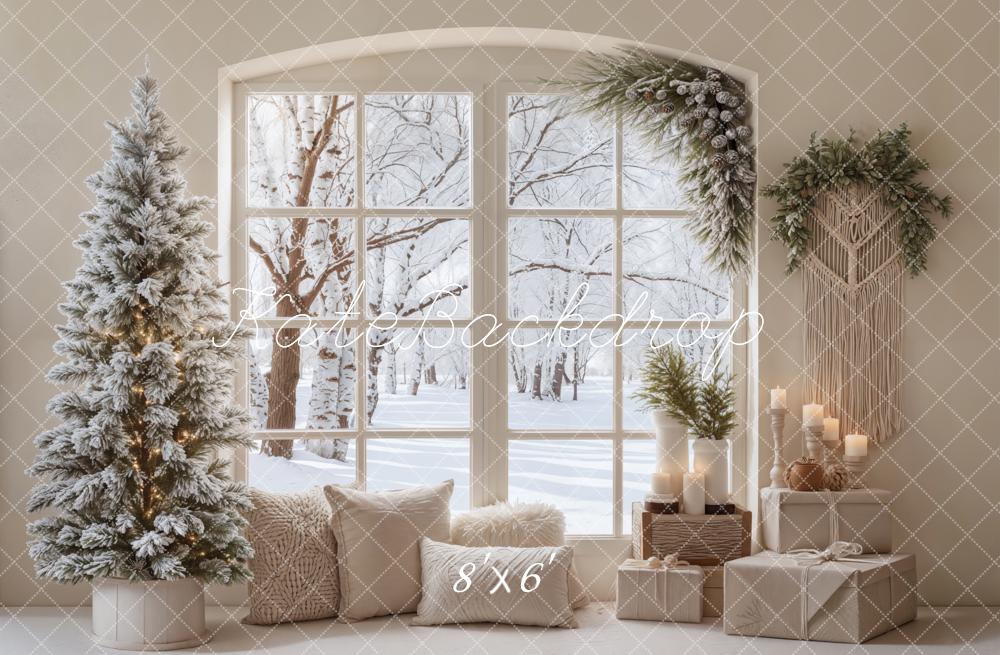 Kate Christmas Snowy Tree Window Gifts Fleece Backdrop Designed by Emetselch - Kate Backdrop AU