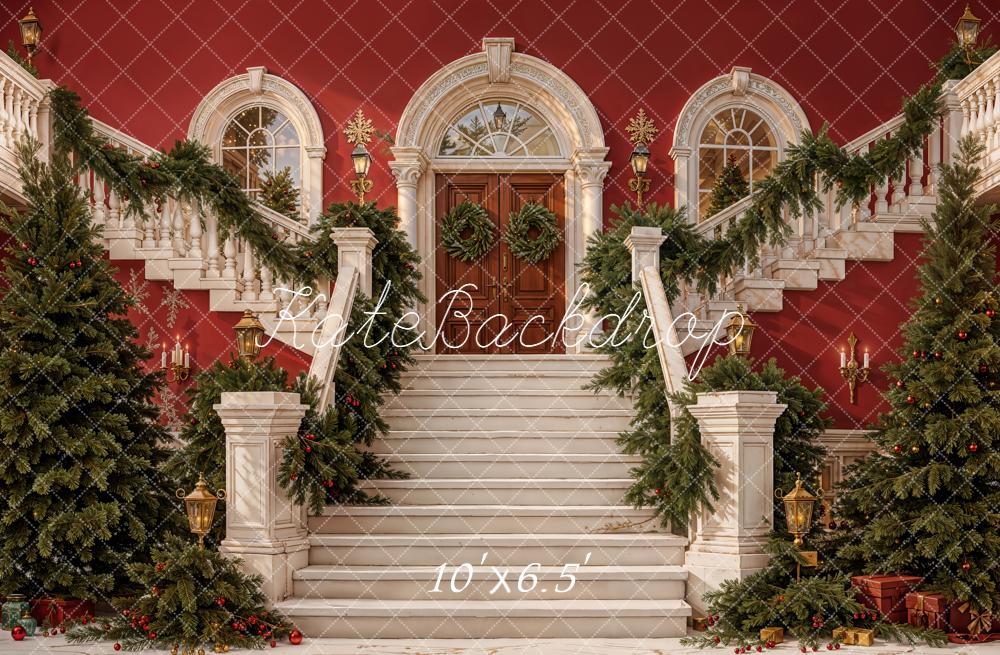 Kate Christmas Stairs Garland Red Backdrop Designed by Emetselch - Kate Backdrop AU