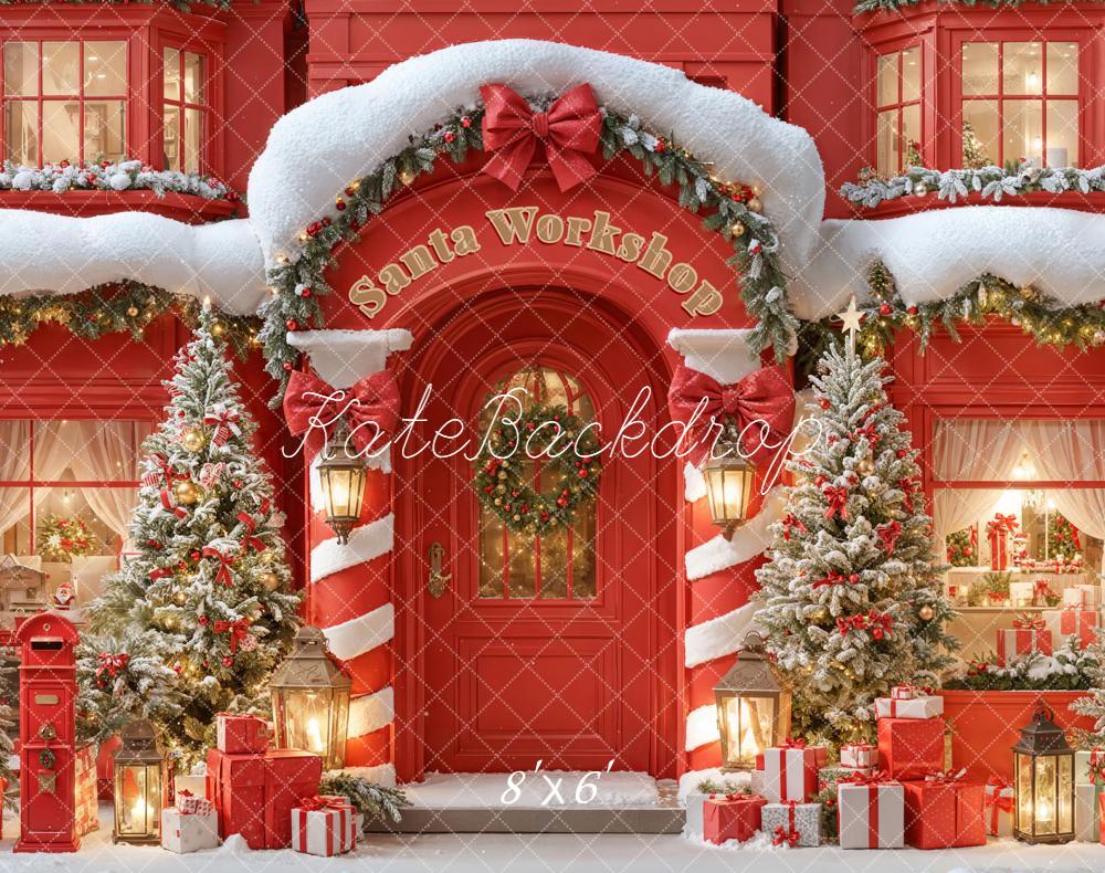 Kate Christmas Santa Workshop Snowy Trees Fleece Backdrop Designed by Emetselch