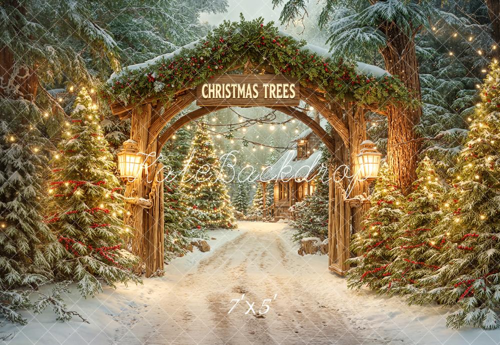 Kate Christmas Trees Wooden Arch Snowy Backdrop Designed by Emetselch