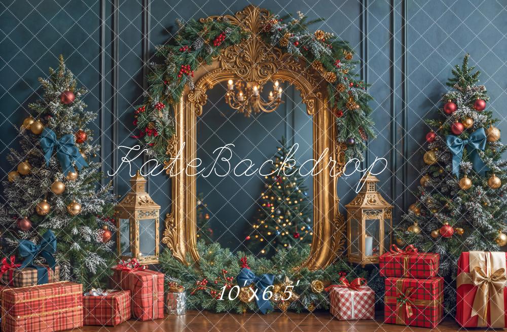 Kate Christmas Trees Gold Mirror Presents Fleece Backdrop Designed by Emetselch - Kate Backdrop AU