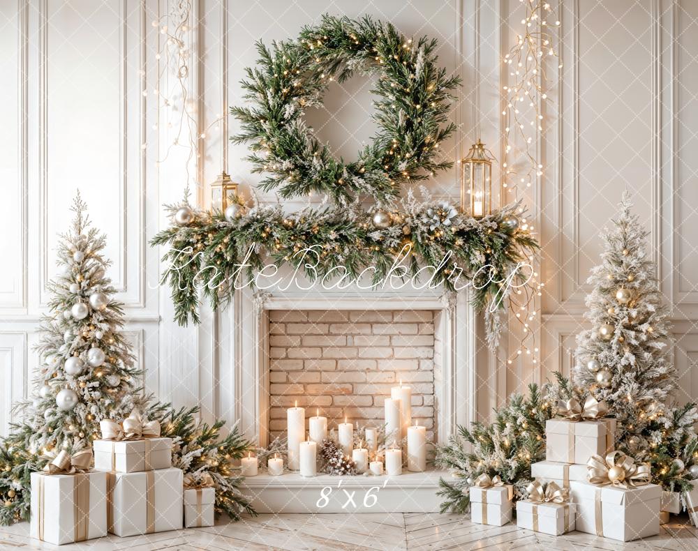 Kate Christmas Fireplace Wreath Trees Fleece Backdrop Designed by Emetselch