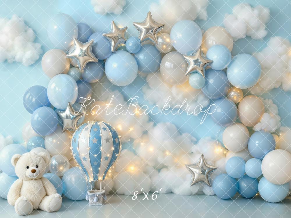 Kate Blue Balloons Stars Clouds Birthday  Fleece Backdrop Designed by Emetselch