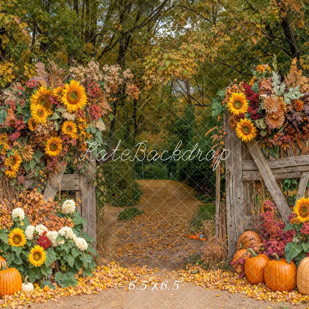 Kate Autumn Sunflowers Pumpkins Rustic Fence Backdrop Designed by Emetselch
