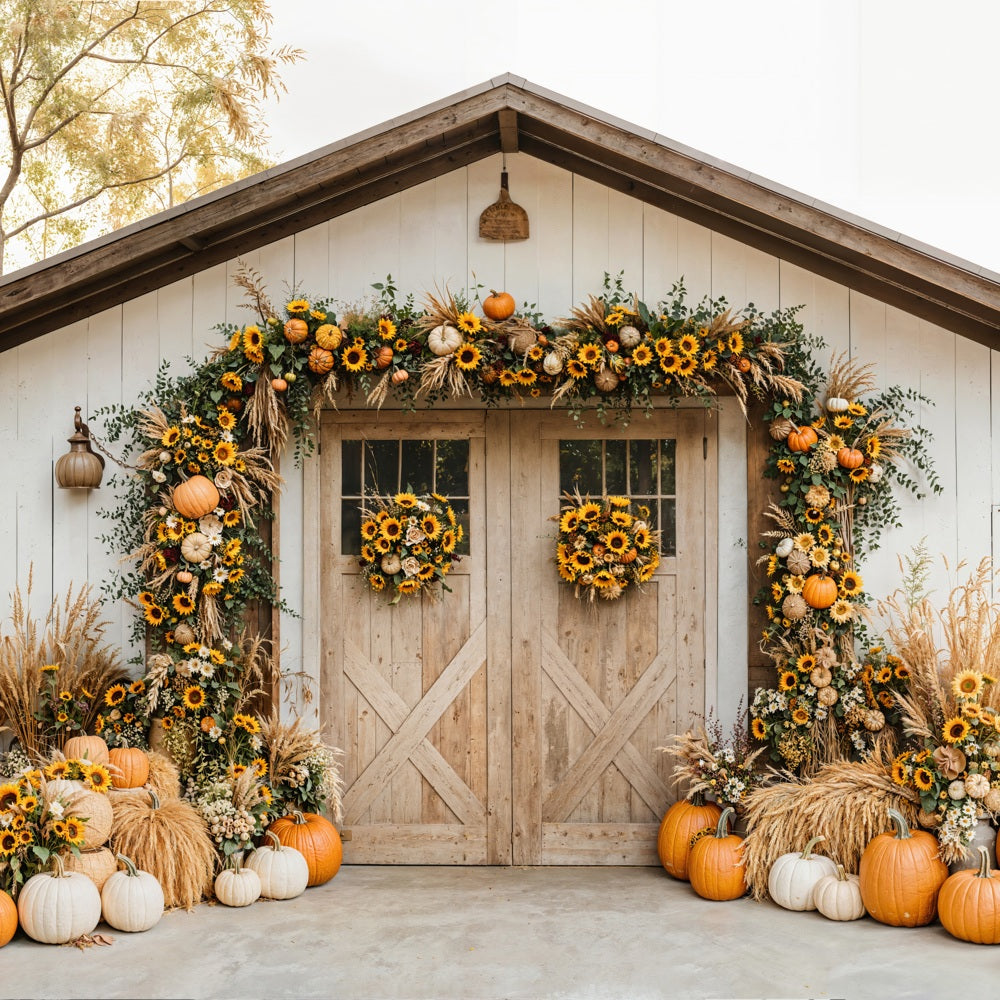 Kate Autumn Pumpkins Sunflowers Rustic Barn Backdrop Designed by Emetselch