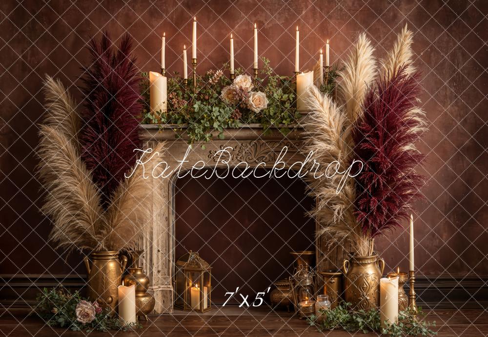 Kate Vintage Fireplace Pampas Grass Candles Backdrop Designed by Emetselch