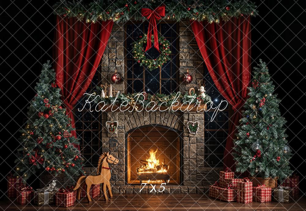 Kate Christmas Fireplace Trees Backdrop Gifts Red Curtains Designed by Emetselch - Kate Backdrop AU