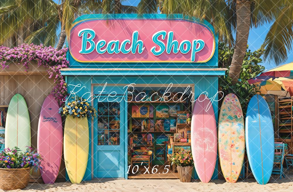 Kate Beach Shop Surfboards Palm Trees Backdrop Designed by Emetselch