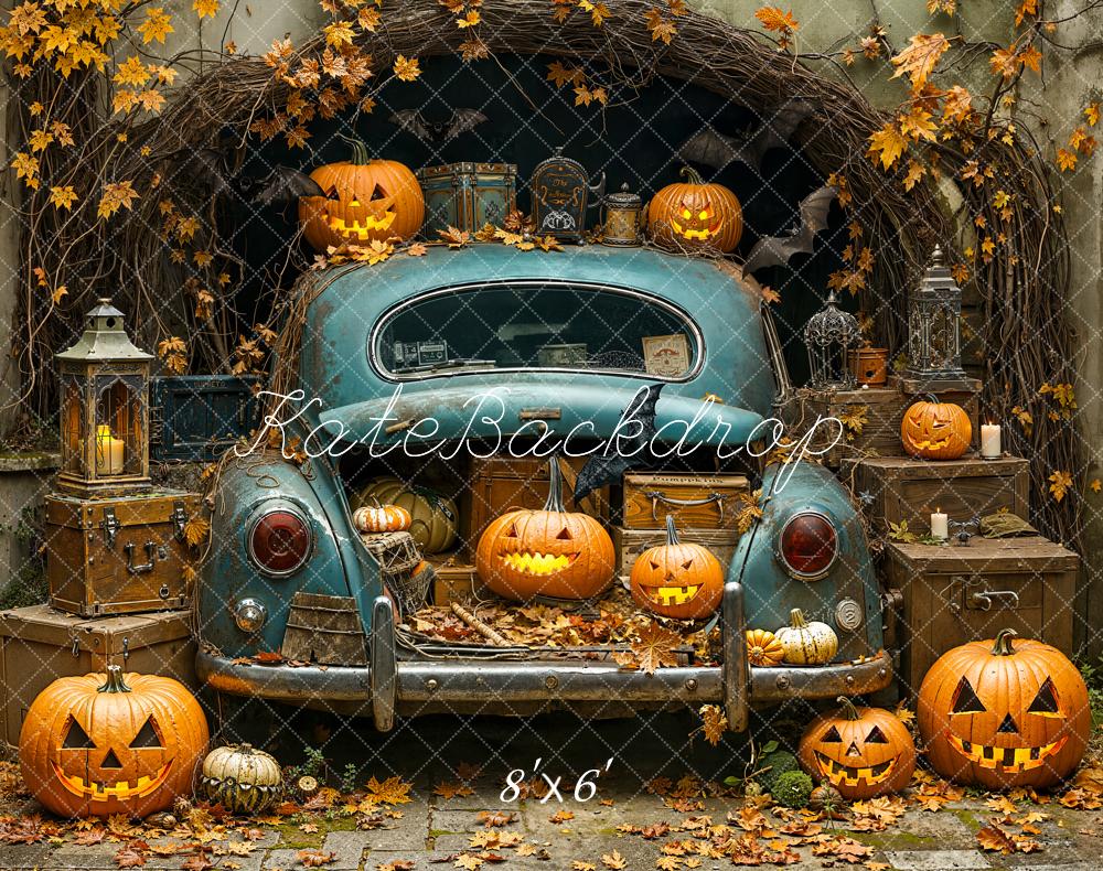Kate Halloween Vintage Car Pumpkins Fleece Backdrop Designed by Emetselch