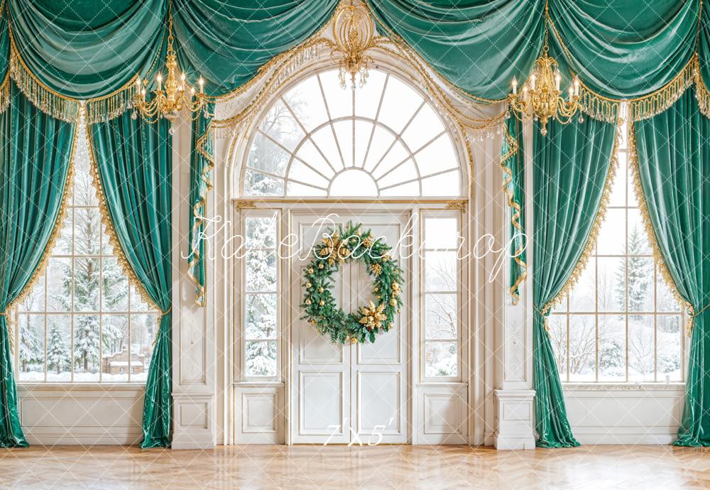 Kate Christmas Green Curtains Windows Backdrop Designed by Emetselch - Kate Backdrop AU