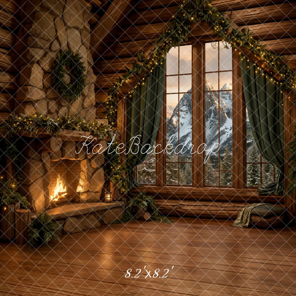 Kate Christmas Cabin Fireplace Mountain View Backdrop Designed by Chain
