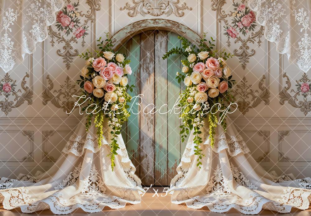 Kate Wedding Flower Arch Lace Curtains Vintage Wall Backdrop Designed by Mini MakeBelieve