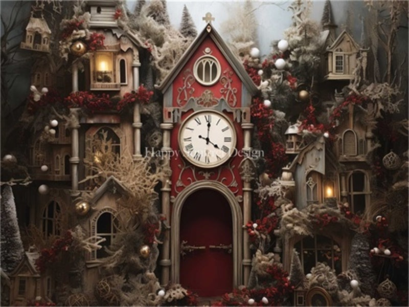 Kate Christmas Clock House Red Vintage Backdrop Designed by Happy Squirrel Design