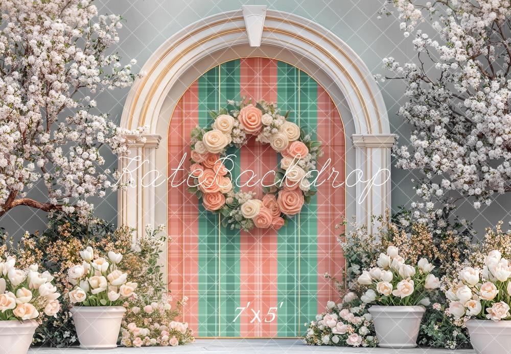 Kate Spring Arch Wreath Plaid Blossoms Backdrop Designed by Mini MakeBelieve - Kate Backdrop AU