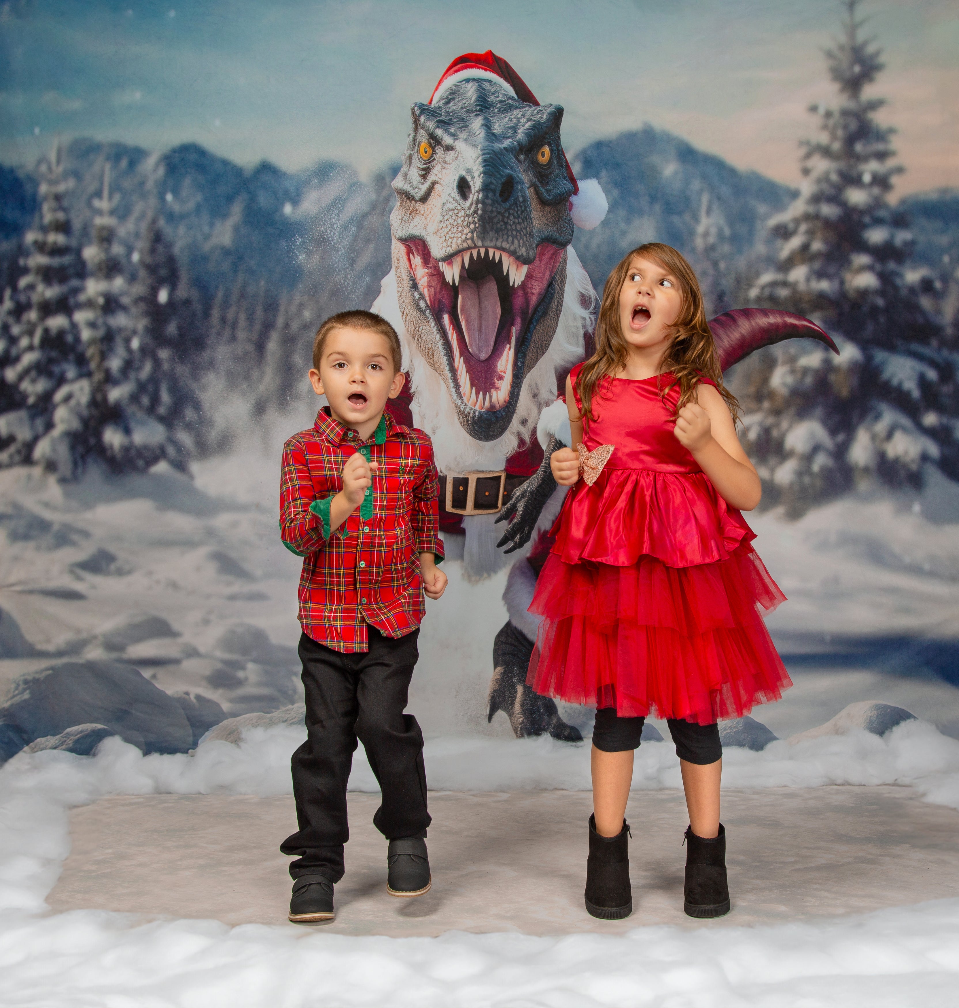 Kate T-Rex with Christmas Santa Clothes in Winter Backdrop Designed by Mini MakeBelieve - Kate Backdrop AU