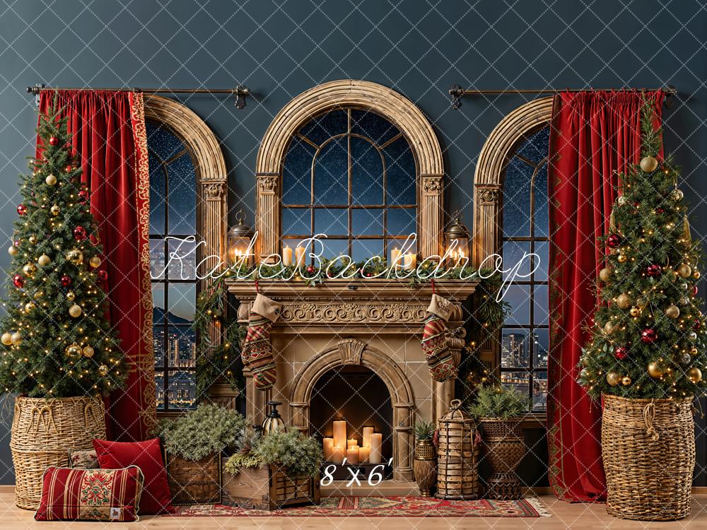 Kate Christmas Fireplace Window Night Fleece Backdrop Designed by Emetselch