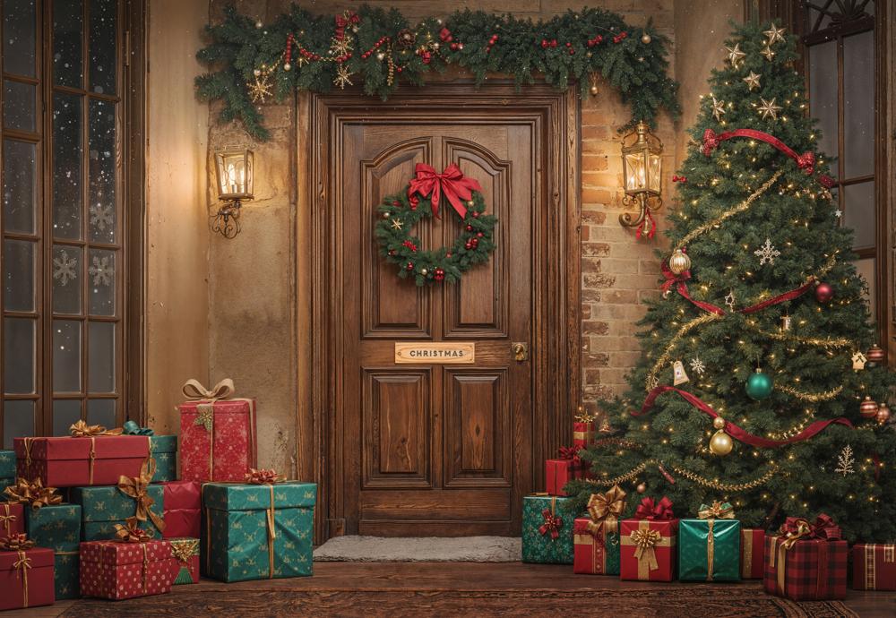 Kate Christmas Tree Presents Wooden Door Backdrop Designed by GQ - Kate Backdrop AU